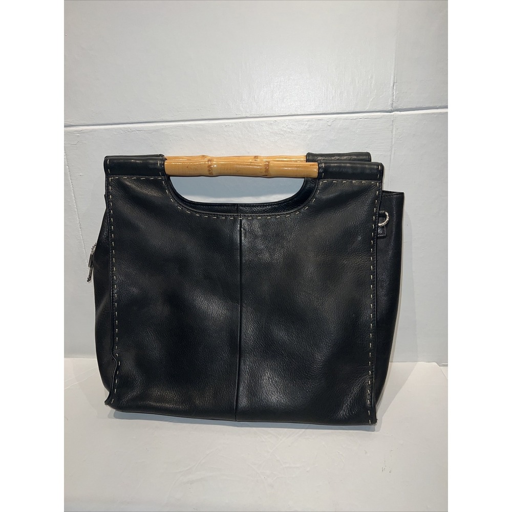 VTG Fossil Mod Wooden Handle Structured Black Leather Handbag Key Charm No Strap